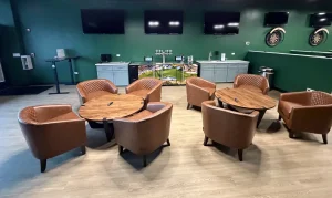 Golf Haus self-pour station with lounge seating on both sides